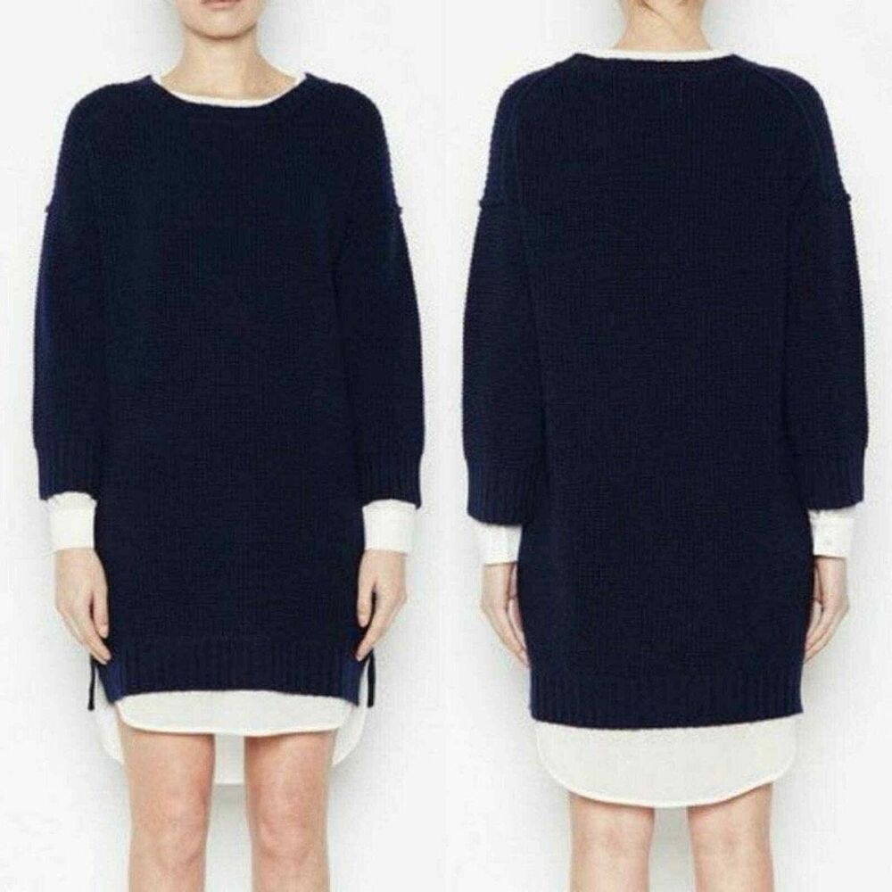 Brochu Walker Sweater Dress Small Navy Looker Wool Cashmere Layered Long Sleeve